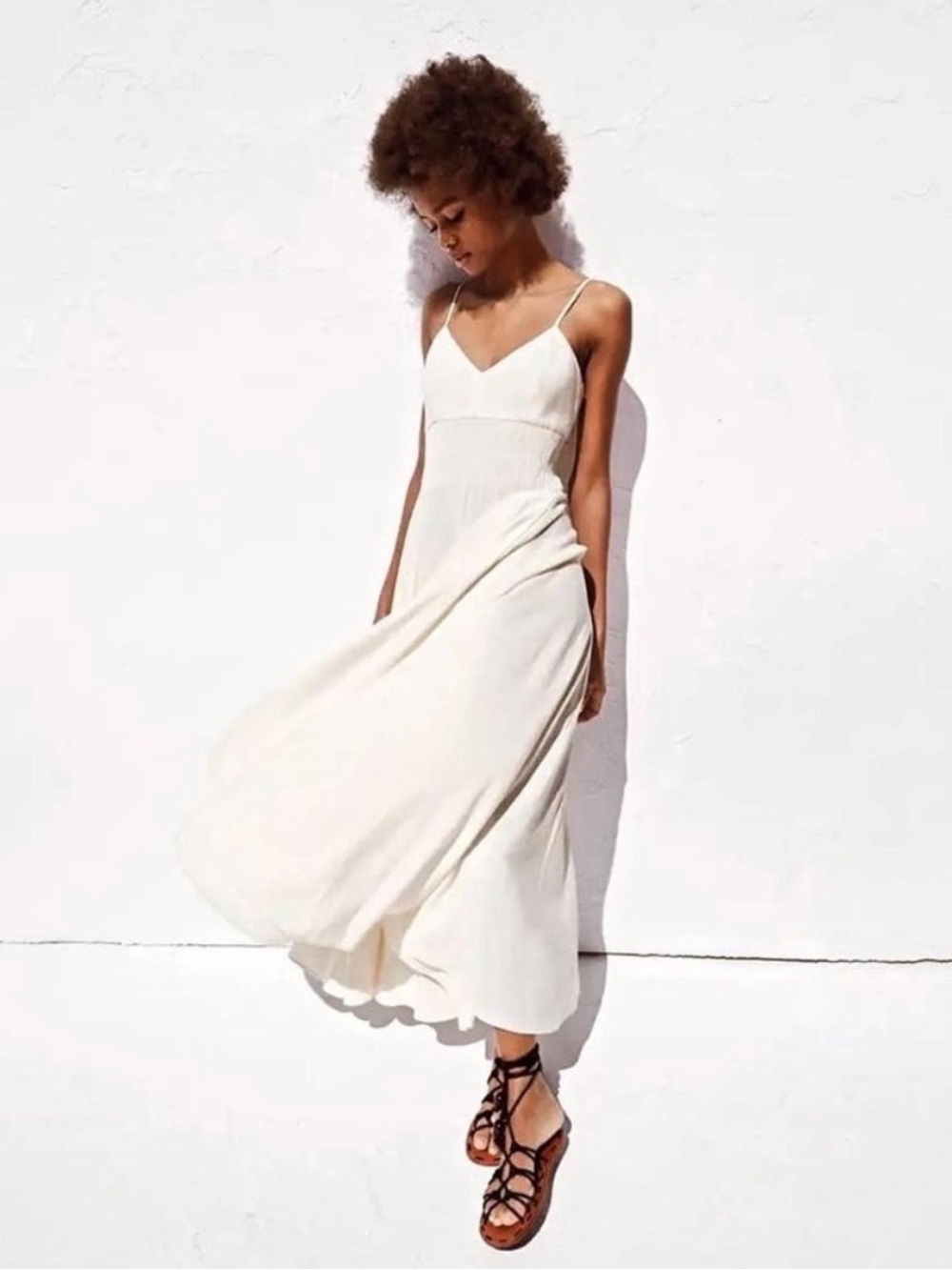 Zara Cream V-Neck Spaghetti-Strap Midi Dress